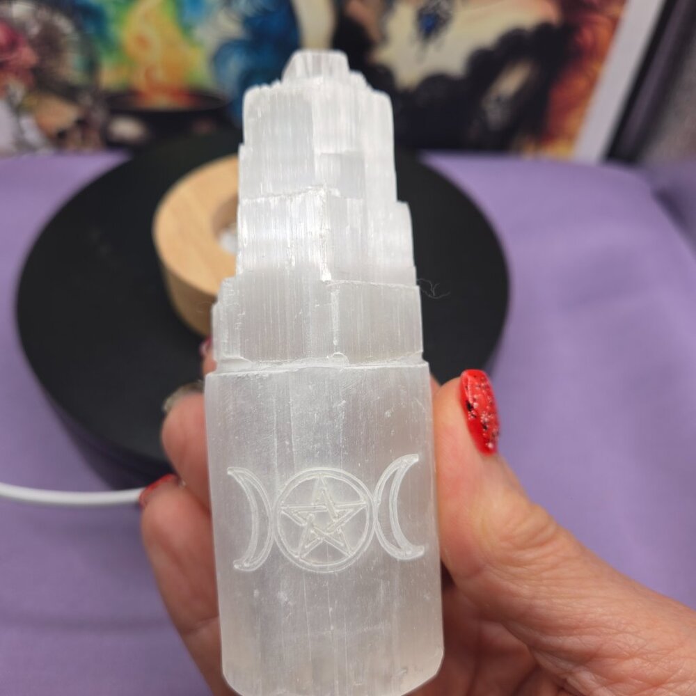 Selenite Crystal Tower 7-Color Changing LED Lamp etched with Triple Moon Goddess - Picture 4 of 5